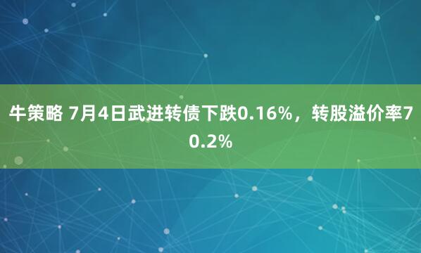 牛策略 7月4日武进转债下跌0.16%，转股溢价率70.2%